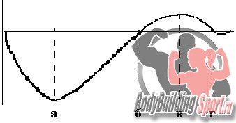 Суперкомпенсация. а) - разрушение /расходование во время тренировки, б) - восстановление, в) - сверхвосстановление, г) - возвращение к исходному уровню